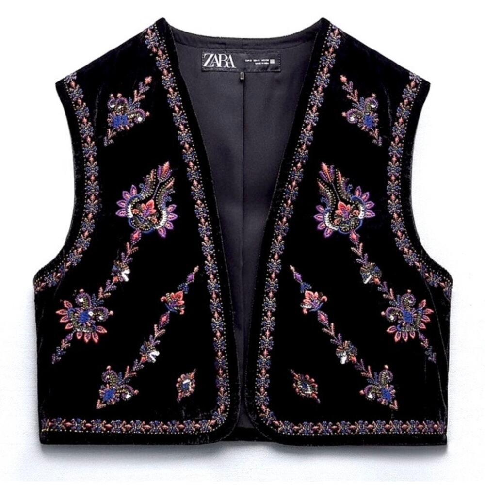 Zara Embroidered Beaded Black Velvet Cropped Vest Size Medium